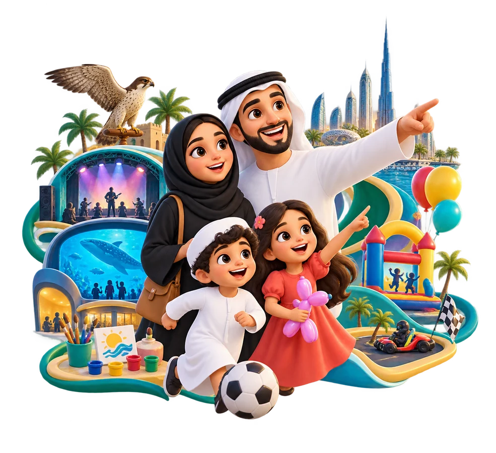 Illustrated UAE family exploring activities together